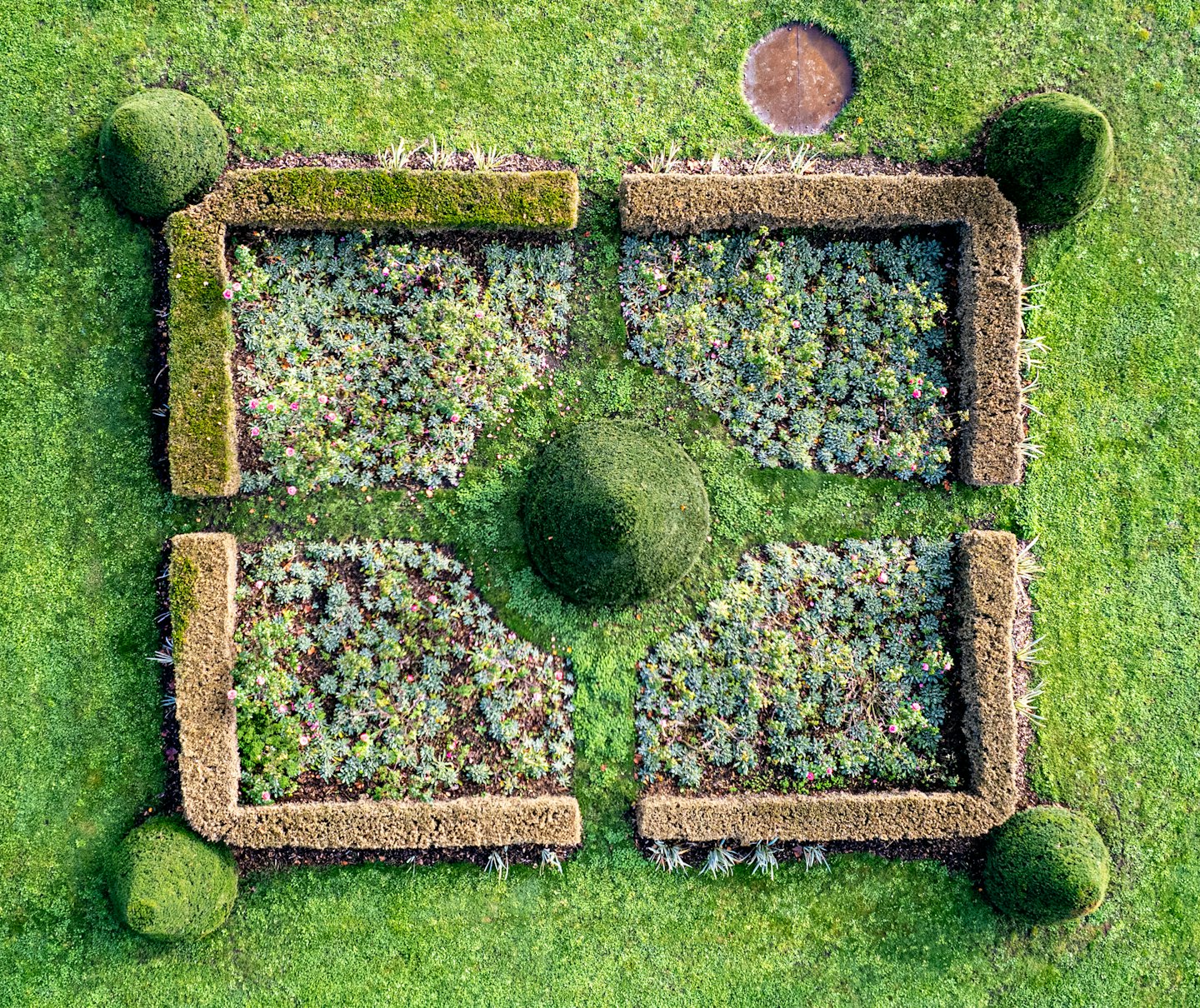 Formal garden beds with green foliage and pink flowers from above.
